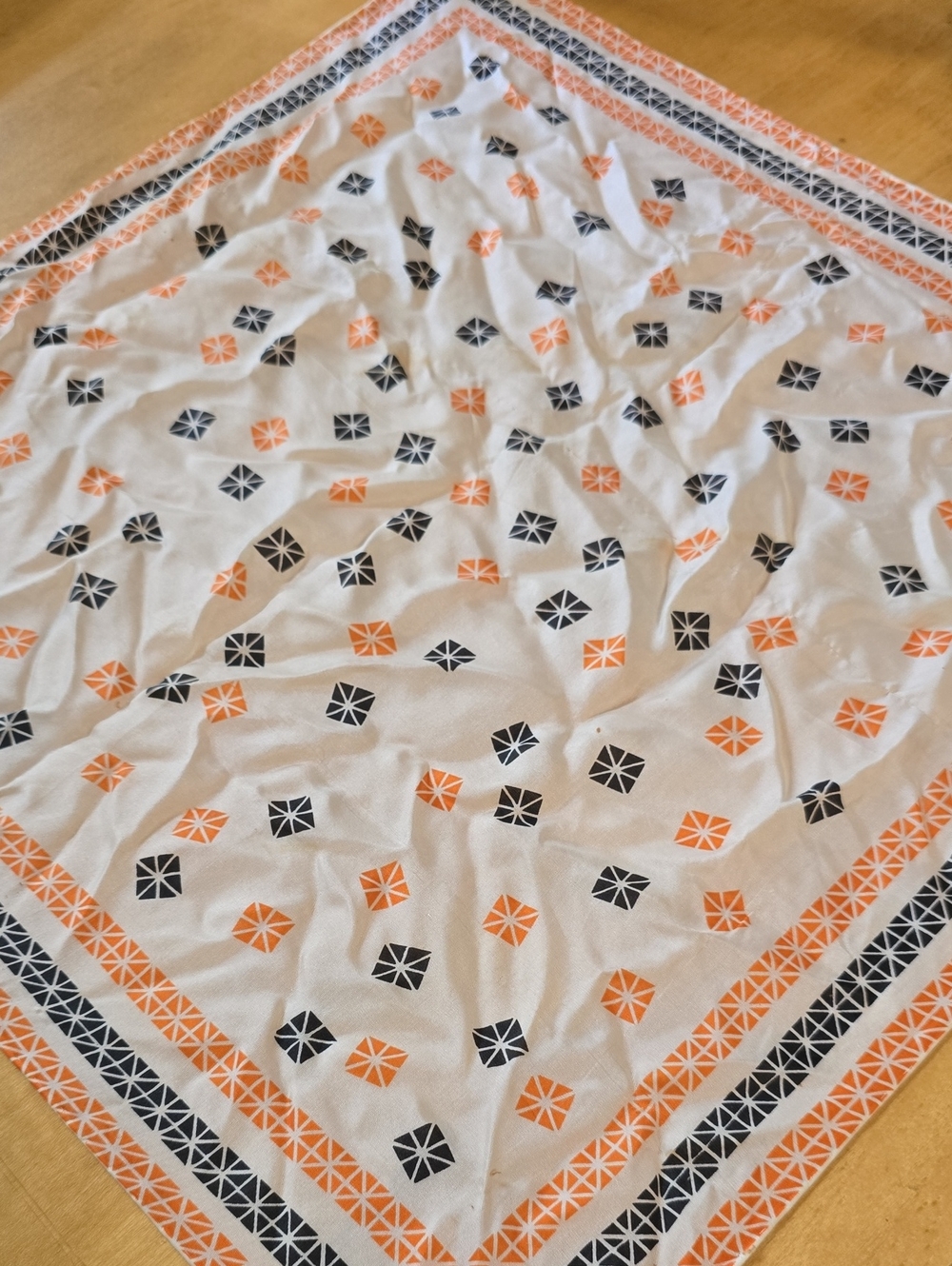 Vintage 16in Square Scarf with Orange and Black Geometric Print